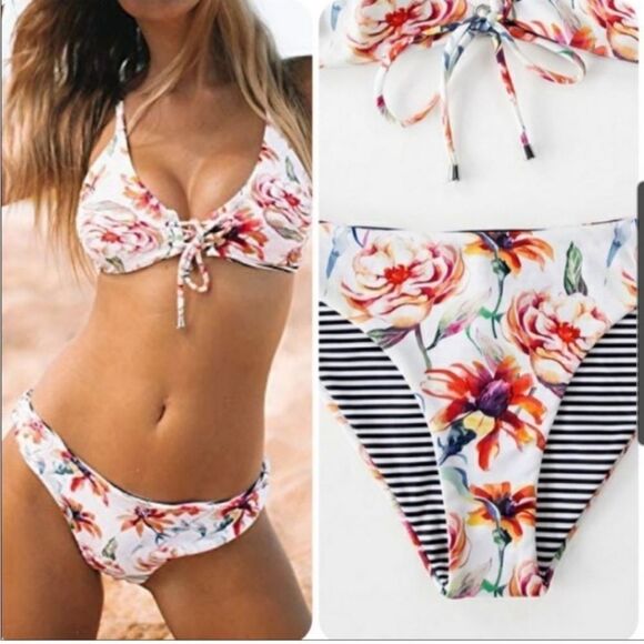Cupshe reversible floral/stripped bikini size XL - Picture 1 of 3
